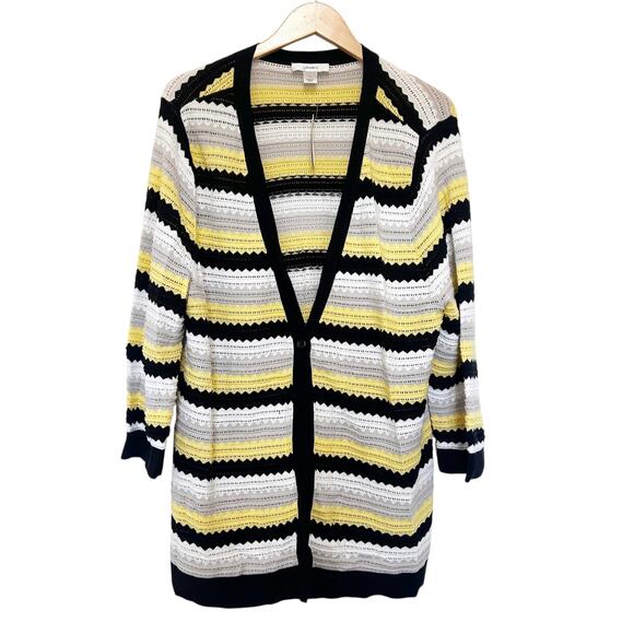 CJ Banks Black Yellow White Striped Knit Cardigan Sz 1X - Picture 1 of 4